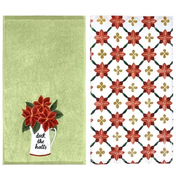 NEW St. Nicholas Square Deck The Halls Kitchen Towel 2-pk poinsettia boho KHOLS - Picture 2 of 9